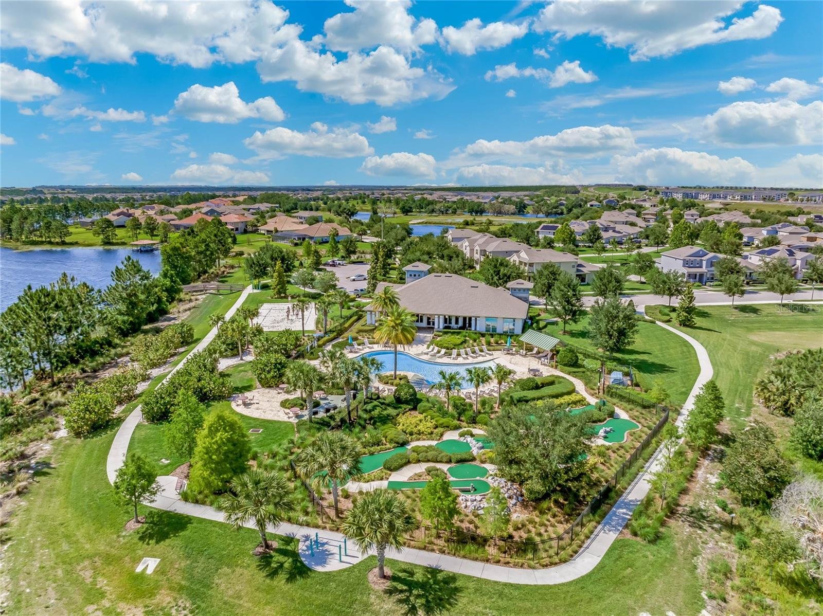 drone shot of waterleigh clubhouse and neighborhood